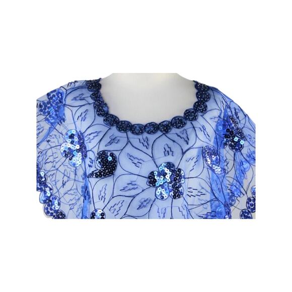 Cobalt Blue Mesh Caped Floral Print Top with Sequins And Beading - One Size - Picture 6 of 9